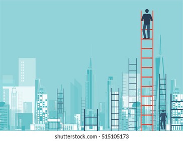 A concept of competition, and problem solving. businessmen are racing to achieve the highest point using ladders. city view. vector design.