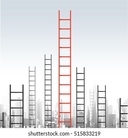 A concept of competition, and problem solving. businessmen are racing to achieve the highest point using ladders. city view. vector design.