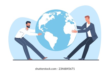 Concept of competition for title of world leader, two people tugging planet earth. Men and country confrontation. opposition views, fight, conflict or war. Vector cartoon flat illustration