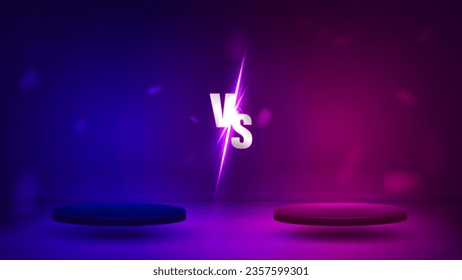 A concept for competitions in games and sports. Bright neon VS text with two podiums on a blue and purple background.