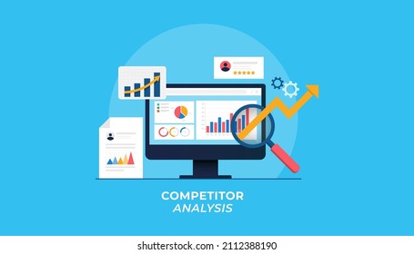 Concepto de análisis de competidores, análisis de datos de marketing, marketing impulsado por datos, análisis de estrategia empresarial pancarta vectorial plana aislada en fondo azul