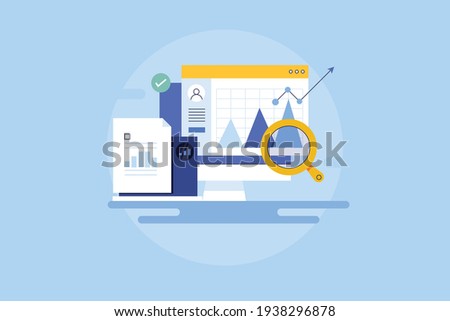 Concept of competitor analysis, marketing data analysis, data driven marketing - creative line vector illustration with icons