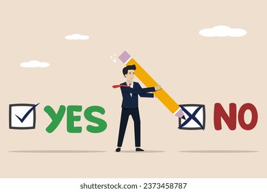Concept of completed task, checklist of accomplishments or completed projects, yes or no, success checkbox, businessman ticking the box after completing a responsible project.