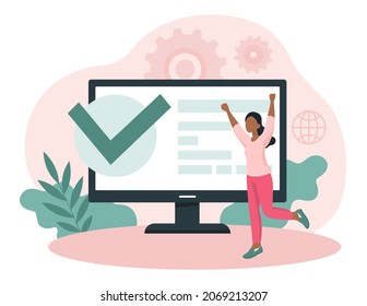 Concept of completed task. Girl rejoices against background of computer monitor. Project completed. Employee celebrates success. Achieving goals, motivation, growth. Cartoon flat vector illustration