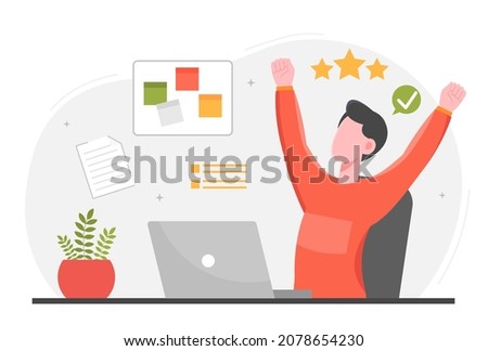 Concept of completed task. Man rejoices in front of laptop, successful employee. Character has fulfilled goal. Freelance, coworking. Positive feedback, rank. Cartoon flat vector illustration