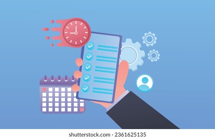 The concept of completing business tasks Hand holding a smartphone with a checklist.on blue background.Vector Design Illustration.
