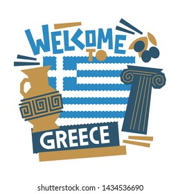 Concept composition of greek items, column, flag, vase, olives. Tourism, traveling theme.