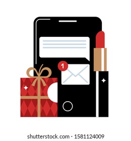 Concept composition of modern phone, gift, lipstick, message. Accessories, cosmetics, shopping