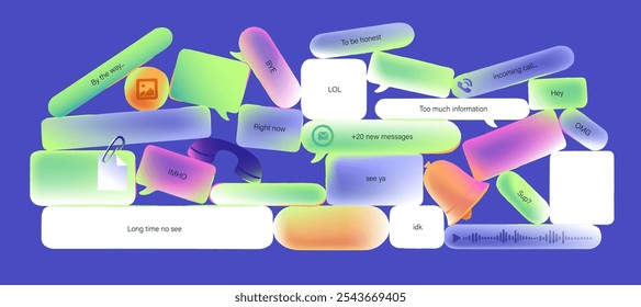 Concept composition of online communication, conversation. Speech bubbles with different shape with phrases of youth slang. Chat messages with text in glassmorphism style. Flat vector illustration