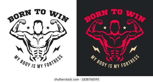 Concept composition for sport gym, fitness bodybuilding. Silhouette of bodybuilder. Design elements for emblem, print, badge, label in vintage style. Vector illustration.