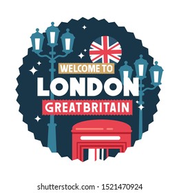 Concept composition, welcome card, london city, hand made font, flag, red phone box