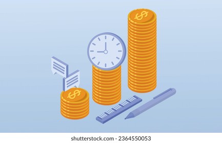 Konzept der Zinseszinsen mit Doppelgeld für langfristige Investitionen.auf blauem Hintergrund.3D design.isometrische Vektordesign Illustration.