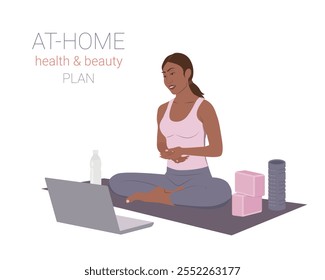 Concept of comprehensive planning of a healthy lifestyle at home with a personal trainer online. Physical development of the body, care for beauty, balanced nutrition, healthy lifestyle. Flat vector