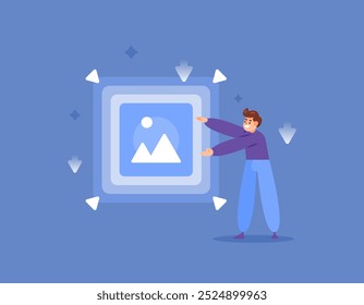 concept of compress and resize image size. services and technology to reduce photo size. illustration of user resizing an image. flat style design. elements