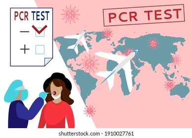 Concept Compulsory PCR testing of people for COVID-19 at the airport before departure in a pandemic. Flat style
