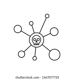 Concept of computer bug or virus, cyber security and hacking. Outline thin line flat icon. Isolated on white background. 