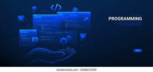 Concepto de ingeniería o desarrollo informático. Concepto de Tecnologías de la información, ingeniería o codificación informática, desarrollo de software o juego. Ilustración vectorial poligonal con ventanas de programación.