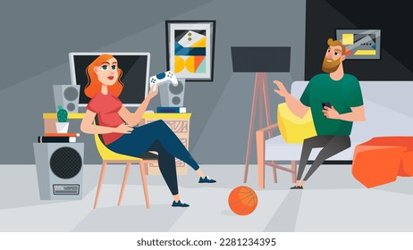 Concept Computer games with people scene in the background cartoon design. Young couple decided to relax and pay computer games together. Vector illustration.