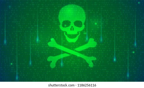 Concept of computer hacking. Binary code, floating digits and skull with bones on digital background. Concept of cyber security, protection against hacking. Vector illustration.