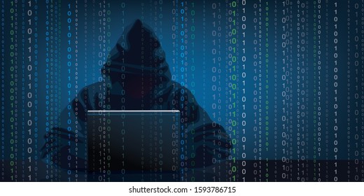 Concept of computer hacking with a man who recovers confidential data by camouflaging his face under a hood.