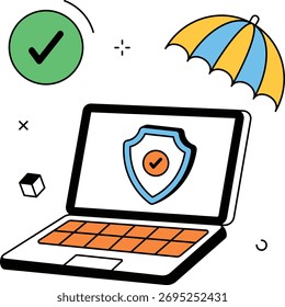 Konzept der Computerversicherung, Hervorhebung der Sicherheit mit einem Schild, Regenschirm und Häkchen. Schützen Sie Ihre Geräte mit unseren umfassenden Versicherungen.