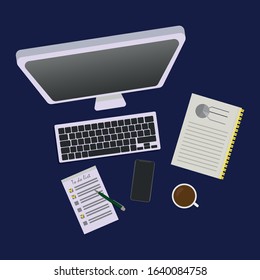 Concept with computer, notebook, mobile phone and coffee cup for work. Workplace for business, management and IT. The view from the top.