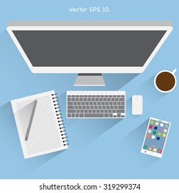 Concept with computer, notebook, mobile phone and coffee cup for work on Finance graph diagram, Vector Illustration EPS 10.