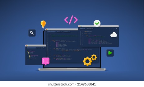 Concept of computer programming or developing software or game. Vector 3d illustration with coding symbols and programming windows. Concept of Information technologies and computer engineering. - Shutterstock ID 2149658841