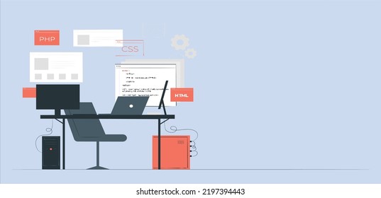 Concept of computer programming or developing software or game. Vector 3d illustration with coding symbols and programming windows. Concept of Information technologies and computer engineering.