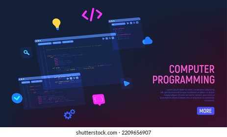 Concept of computer programming or developing software or game. Vector 3d illustration with coding symbols and programming windows. Concept of Information technologies and computer engineering.