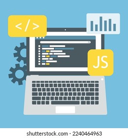 Concept of computer programming or developing software or game. Vector  illustration with coding symbols and programming windows. Concept of Information technologies and computer engineering.