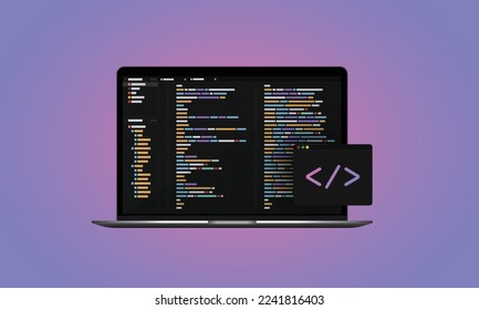 Concept of computer programming or developing software. Laptop computer with code on screen and design elements. Vector illustration EPS10.