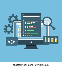 Concept of computer programming or developing software or game. Vector  illustration with coding symbols and programming windows. Concept of Information technologies and computer engineering.