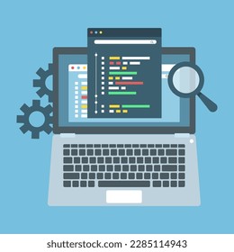 Concept of computer programming or developing software or game. Vector  illustration with coding symbols and programming windows. Concept of Information technologies and computer engineering.