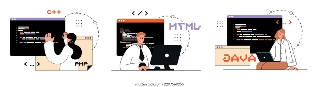 Concept of computer programming or developing software or game with people. Vector flat illustration with coding,  symbols and programming windows. Information technologies and computer engineering.