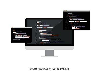 Concept of computer programming or developing software or game. Vector flat illustration with coding, Java, HTML, symbols and programming windows. Information technologies and computer engineering.