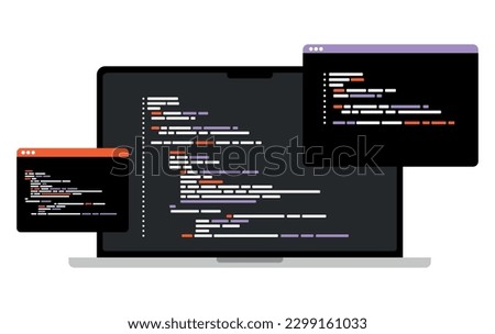Concept of computer programming or developing software or game. Vector flat illustration with coding, Java, HTML,  symbols and programming windows. Information technologies and computer engineering.