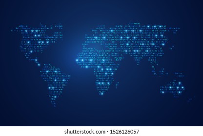 concept of computer programming development, coding program language combined with world map