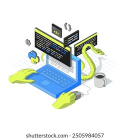 Concept of computer Programming with Human Hands in Isometric style. Snake is peeking out from behind the monitor. Minimalistic Axonometric Interface. 3d vector illustration in different dimensions