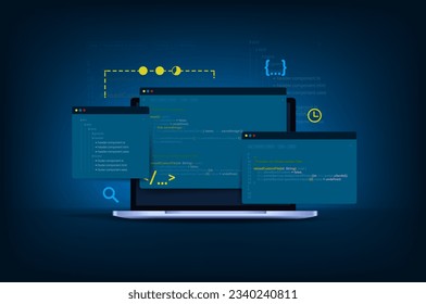 Concept of computer programming or software or game development. 3d vector illustration with coding symbols and programming windows. Concept of information technologies and computer engineering.