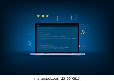 Concept of computer programming or software or game development. 3d vector illustration with coding symbols and programming windows. Concept of information technologies and computer engineering.