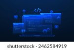 Concept of computer programming. Vector polygonal illustration with coding symbols and programming windows. Concept of Information technologies, computer engineering or developing software or game.
