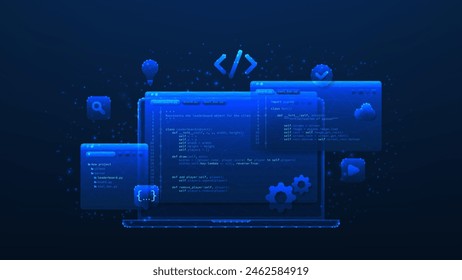 Concepto de programación informática. Ilustración poligonal de Vector con símbolos de codificación y ventanas de programación. Concepto de Tecnologías de la información, ingeniería informática o desarrollo de software o juegos.