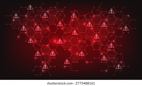 Concept of computer security or hacking. Futuristic digital world map and hexagon pattern with red warning signs. Cyber attacks and security alerts. Global warning. Vector illustration.