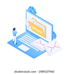 Concept of computer spam, unsolicited messages. Man stands in front of a laptop with a stack of letters. Vector illustration in isometric style. Isolated on white background.