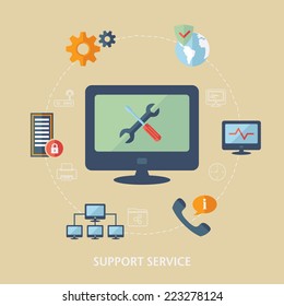 Concept For Computer Support. Computer Technician Icons. Flat Design Vector For Web