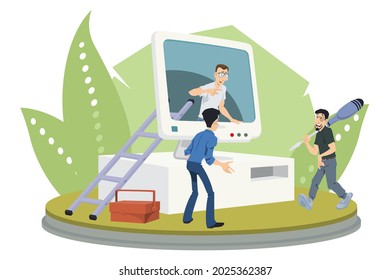 Concept of computer viruses. Shocked woman behind computer. Illustration concept for mobile website and internet development.