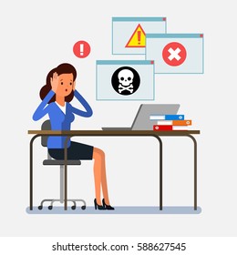 Concept of computer viruses, system errors. Cartoon business woman sitting at the table and working on the computer. Flat design, vector illustration.