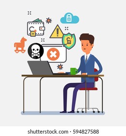 Concept of computer viruses, system errors. Cartoon business man sitting at the table and working on the computer. Flat design, vector illustration.