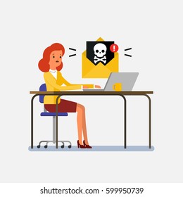 Concept of computer viruses, system errors. Cartoon business woman sitting at the table and working on the computer. Flat design, vector illustration.